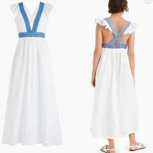 J. Crew Ruffle deep V-neck Beach Dress White and Blue Embroidered Sz Small L7450